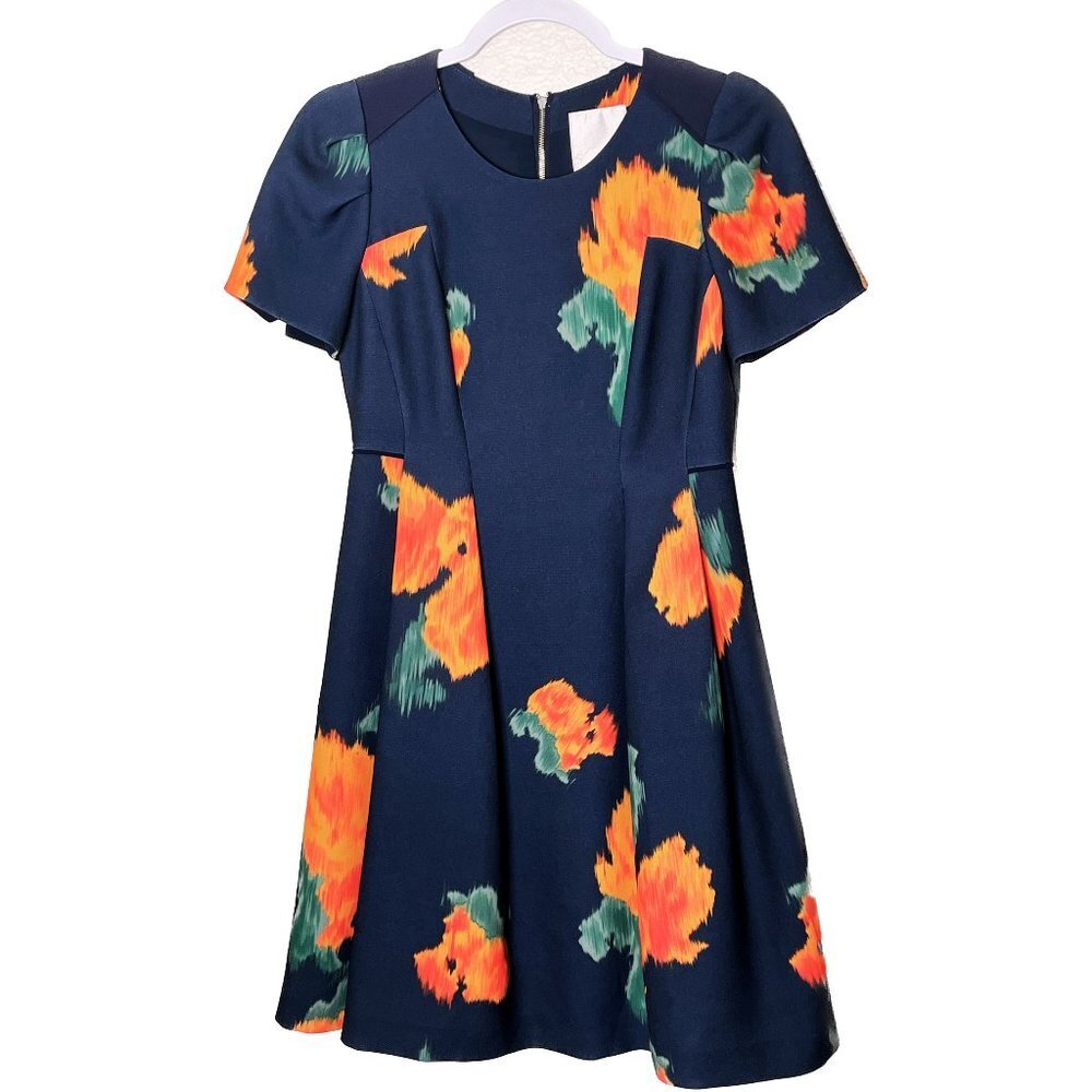 McGinn Orange Blue Floral Sheath Dress Size 4 Short Sleeves Elegant Midi